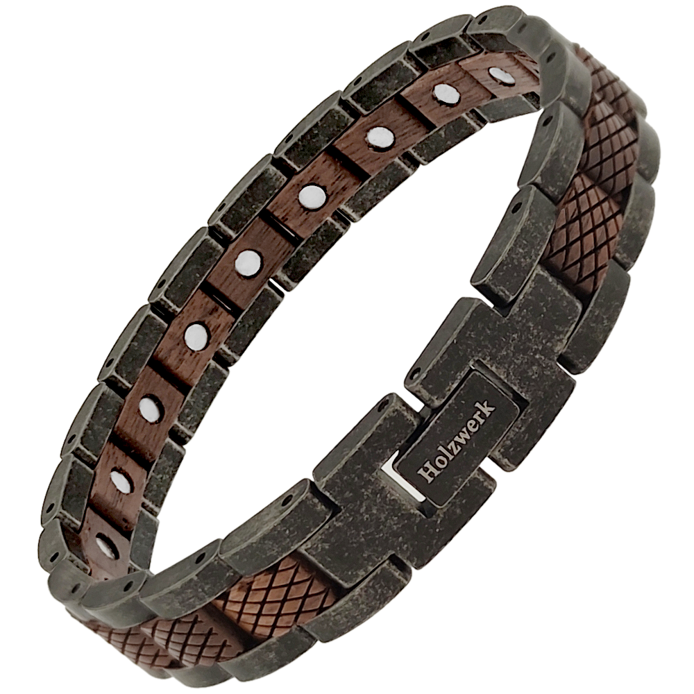 Holzwerk ARENDSEE dunkelgrau-braunes Magnet Armband aus Walnussholz und Edelstahl mit Gliederkonstruktion Schräglage