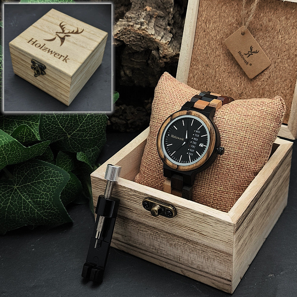 Holzwerk NEUMARK Unisex-Holzuhr mit Datumsanzeige – moderne Armbanduhr in Schwarz und edlem Walnussbraun in Uhrenbox