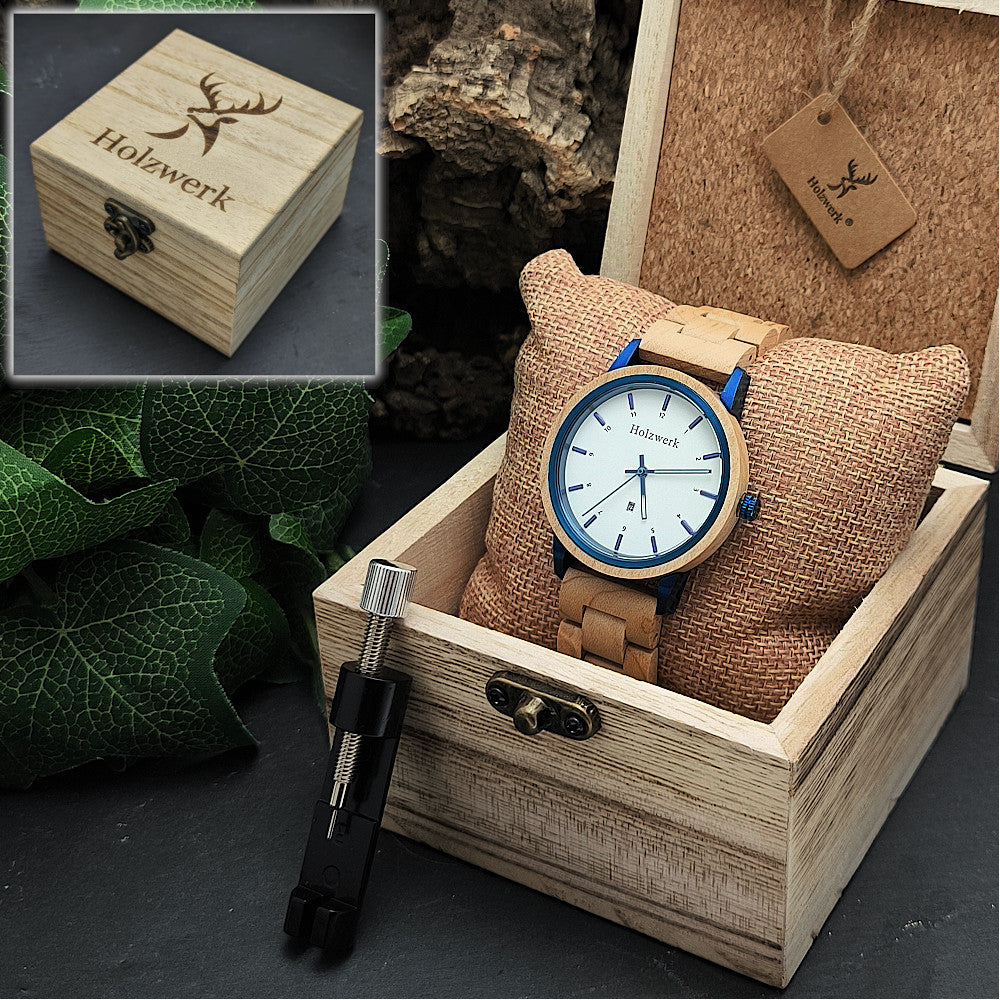 Holzwerk HEIDENAU Unisex Armbanduhr Metallic Blau/Beigem Gehäuse und weiß-blauem Zifferblatt sowie Holzarmband, in Holzwerk Uhrenbox