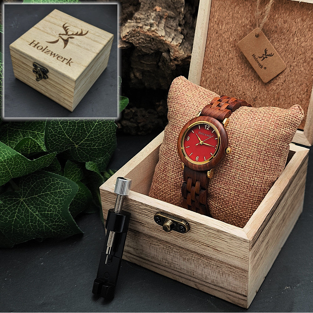 Holzwerk THALE Damenuhr mit 35 mm Holz-Edelstahlgehäuse in Rot und Gold sowie passendem Holzarmband in Holzwerk Uhrenbox