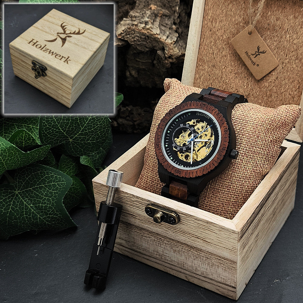 Holzwerk DASSEL Automatik-Uhr mit braun, schwarzem Gehäuse sowie goldenem Ziffernblatt mit offener Unruhe in Holzwerk Uhrenbox