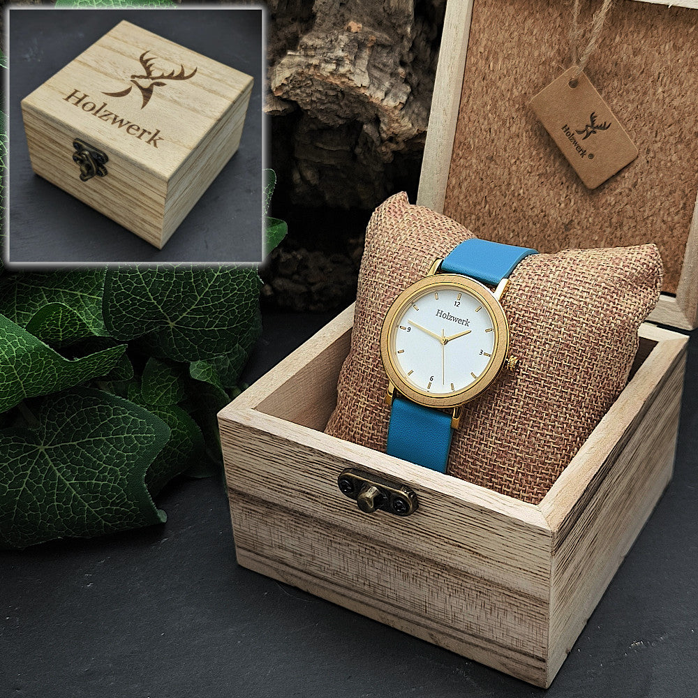 Holzwerk HAINICHEN Damenuhr in Gold und Beige sowie weiß-goldenem Zifferblatt und blauem Lederarmband in Holzwerk Uhrenbox