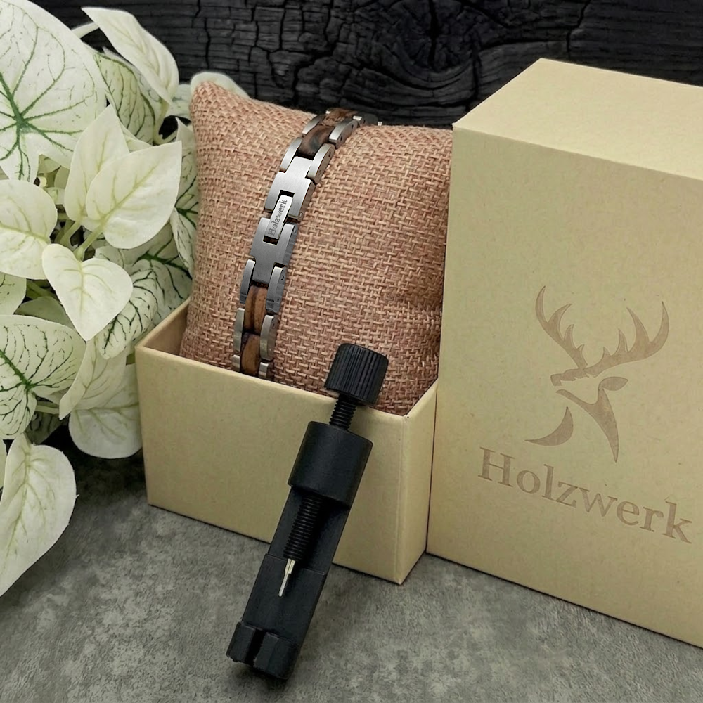 Holzwerk BEVERSEE silber-braunes Holz Armband aus Zebraholz und Edelstahl mit in Holzwerk Uhrenbox