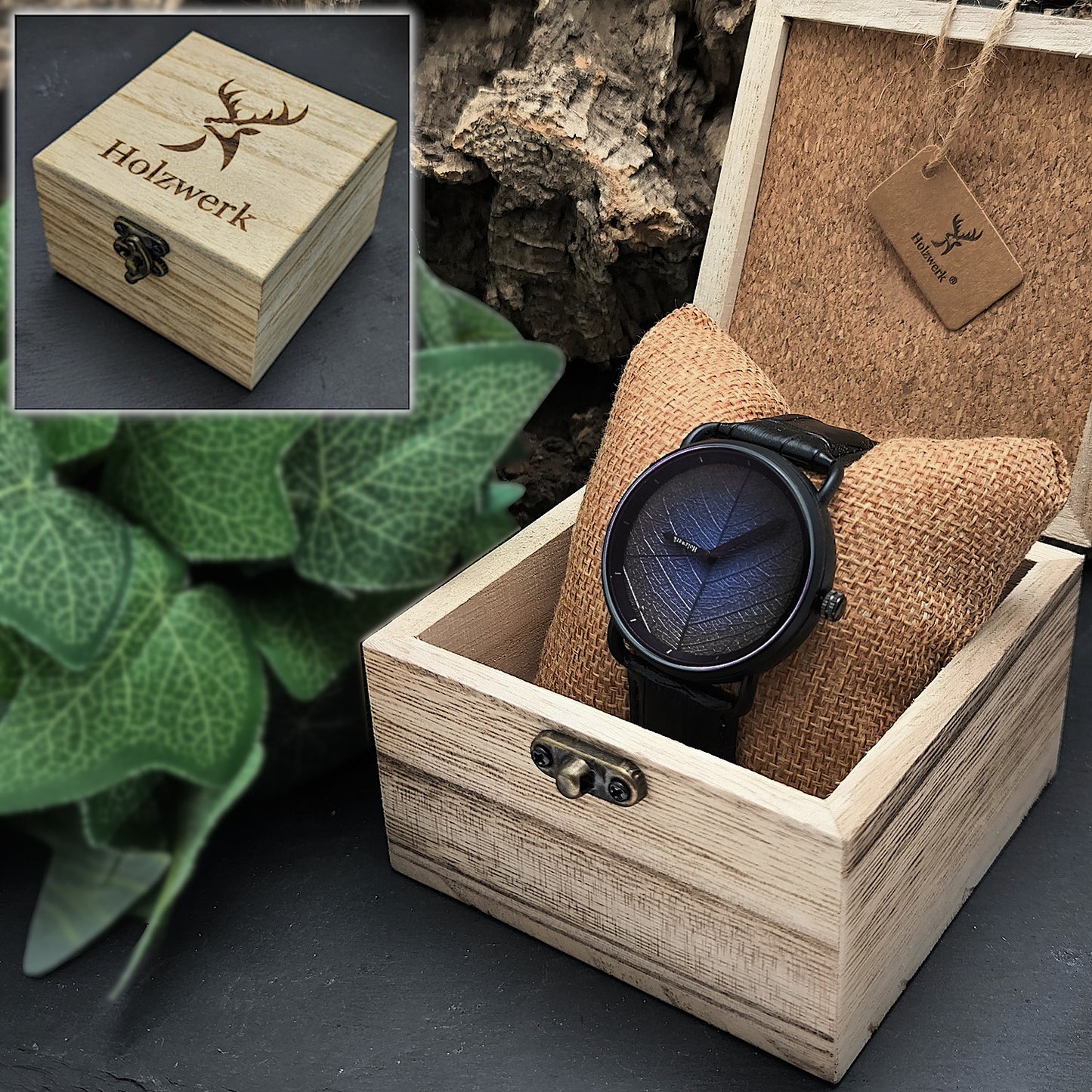 Holzwerk FICHTENAU Unisex Uhr mit lila-blauem Ziffernblatt im individuellen Design in Holzwerk Verpackung