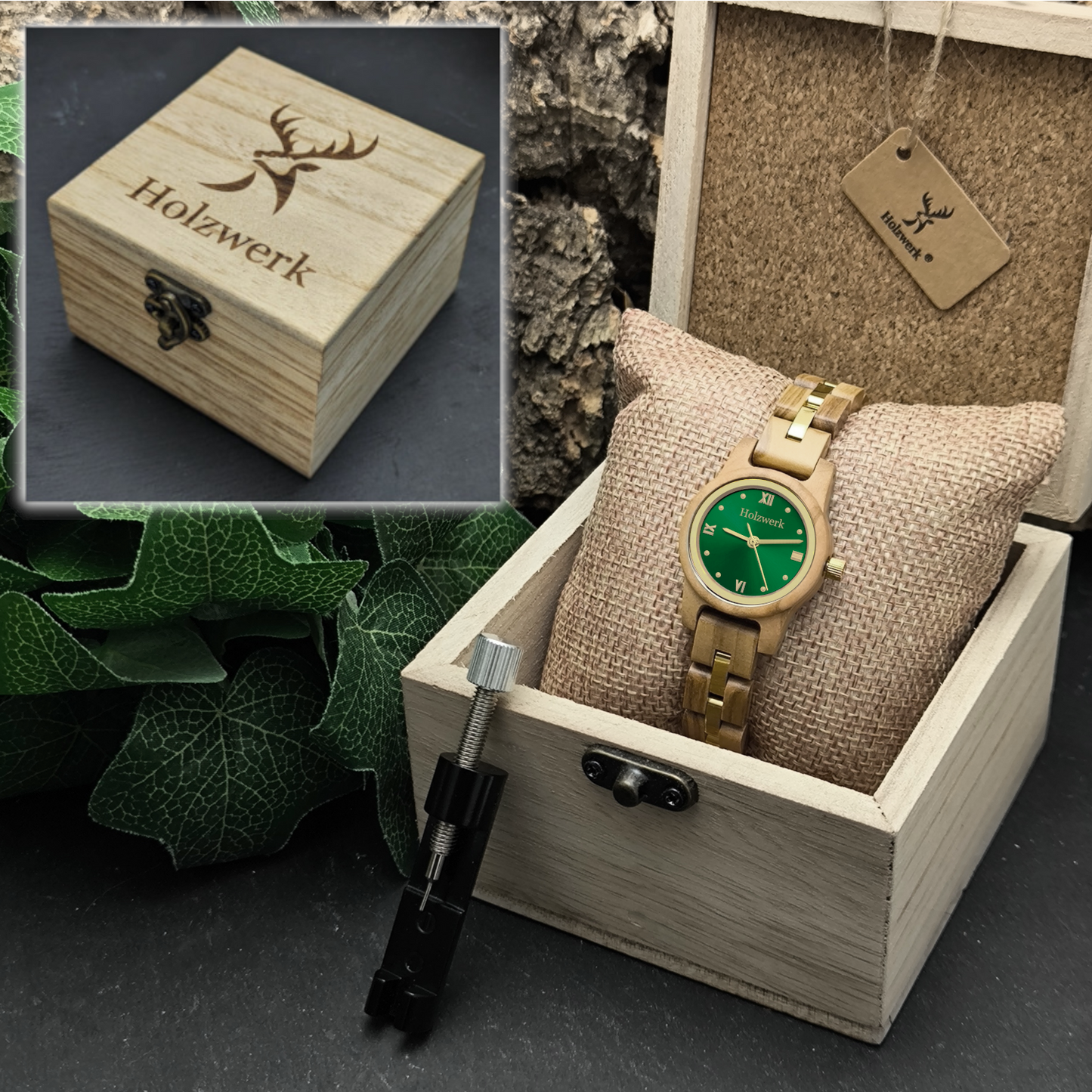 Holzwerk STREHLA Damen Quarz-Armbanduhr aus Olivenholz mit grün-goldenem Zifferblatt, Detailansicht der Holzwerk Verpackung