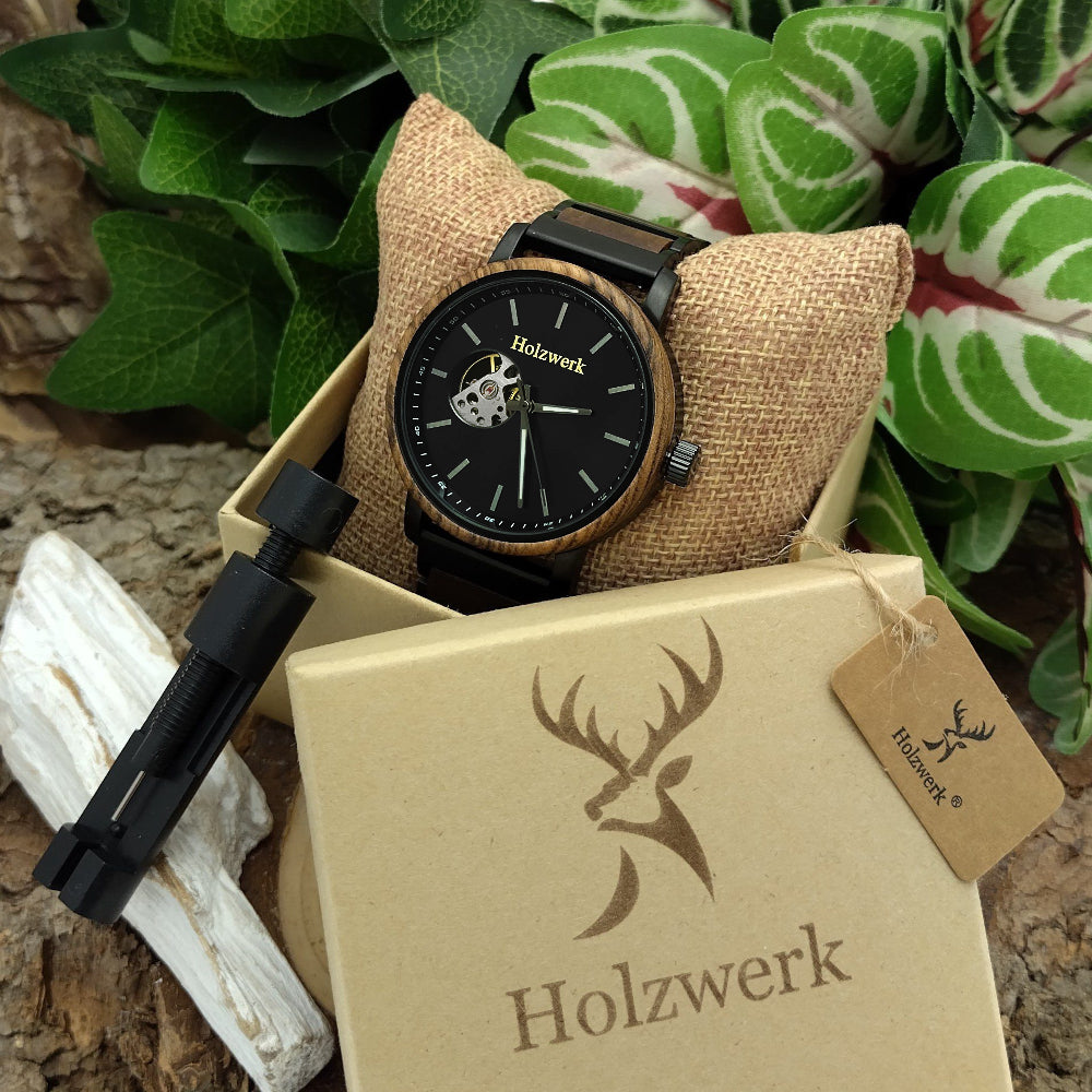 Holzwerk COESFELD Herren Automatik-Uhr mit offener Unruhe und Schwarzem Ziffernblatt sowie Holzarmband in Uhrenbox