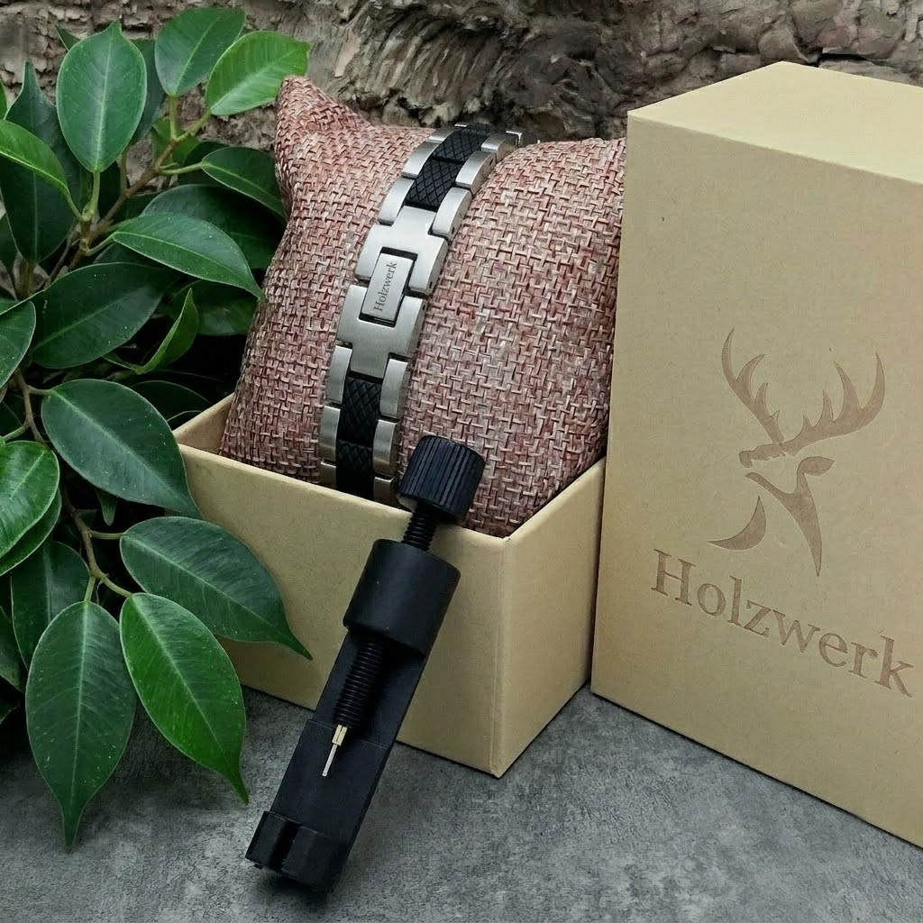 Holzwerk COLPINSEE silber-schwarzes Magnet Armband aus Ebonyholz und Edelstahl, in Holzwerk Uhrenbox