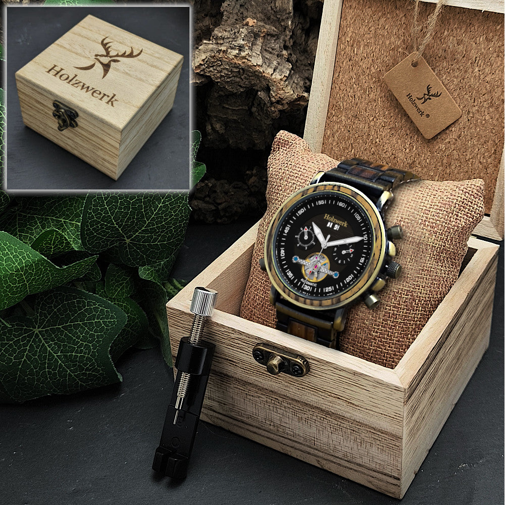 Holzwerk DAHLEN Automatik-Uhr mit Chronographen, altgoldenem Gehäuse, schwarzem Ziffernblatt und Datumsanzeige in Uhrenbox