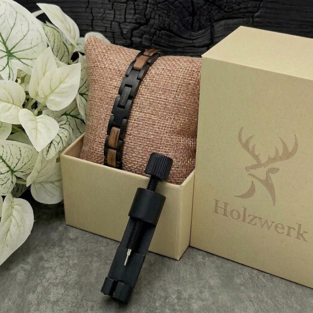 Holzwerk DAMMSEE schwarz-braunes Holz Armband aus Walnussholz und Edelstahl in Holzwerk Uhrenbox