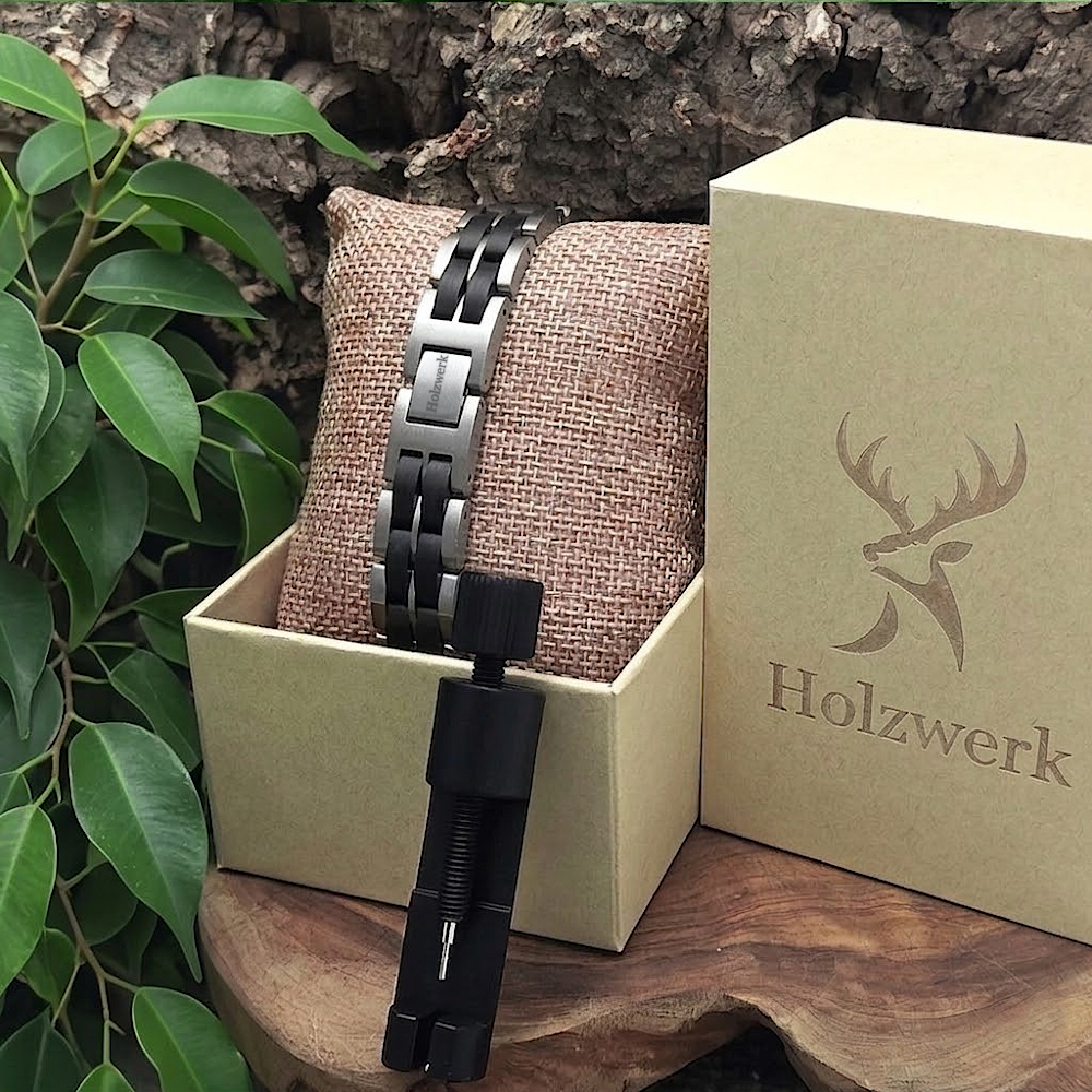 Holzwerk DEGERSEE silber-schwarzes Holz Armband aus Ebonyholz und Edelstahl mit Gliederkonstruktion in Holzwerk Uhrenbox