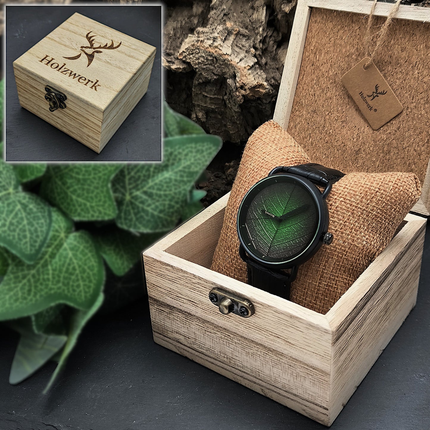 Holzwerk FICHTENAU Unisexuhr mit grün-schwarzem Ziffernblatt im Fichtenmotiv und Lederarmband in Holzwerk Verpackung
