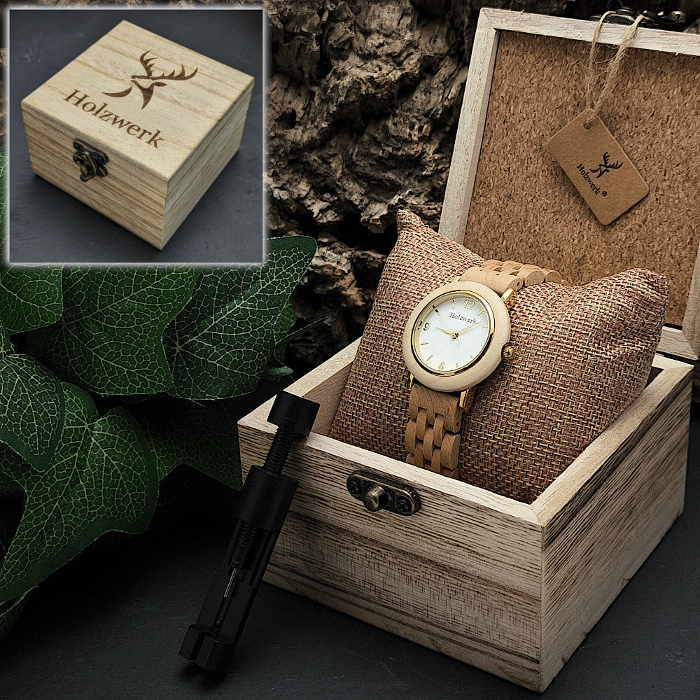 Holzwerk FREITAL Damenuhr mit Holz-Edelstahlgehäuse in Beige und Gold sowie weiß-goldenem Ziffernblatt in Holzwerk Uhrenbox mit Armbandkürzer