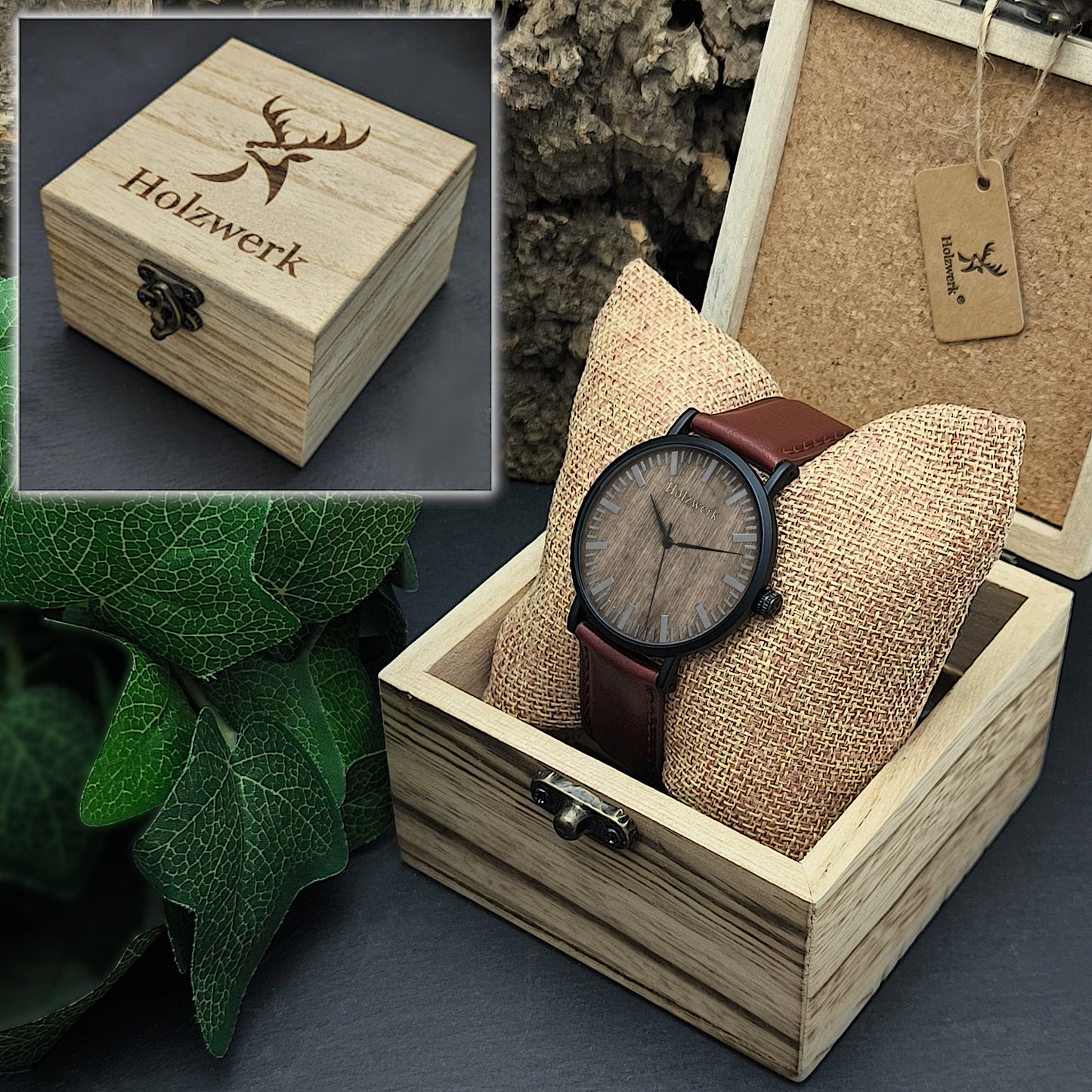 Holzwerk HAGEN flache Unisex Uhr aus Holz mit dunkelbraunem Lederarmband und beigem Ziffernblatt in Holzwerk Uhrenbox