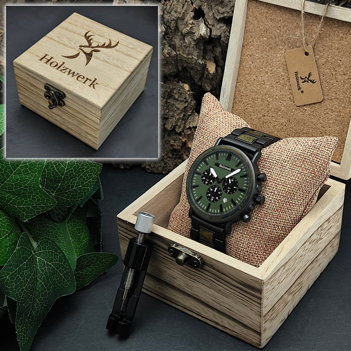 Holzwerk HERSBRUCK Chronographen-Uhr in oliv grün aus Holz mit drei Chronographen und Datumsanzeige in Uhrenbox