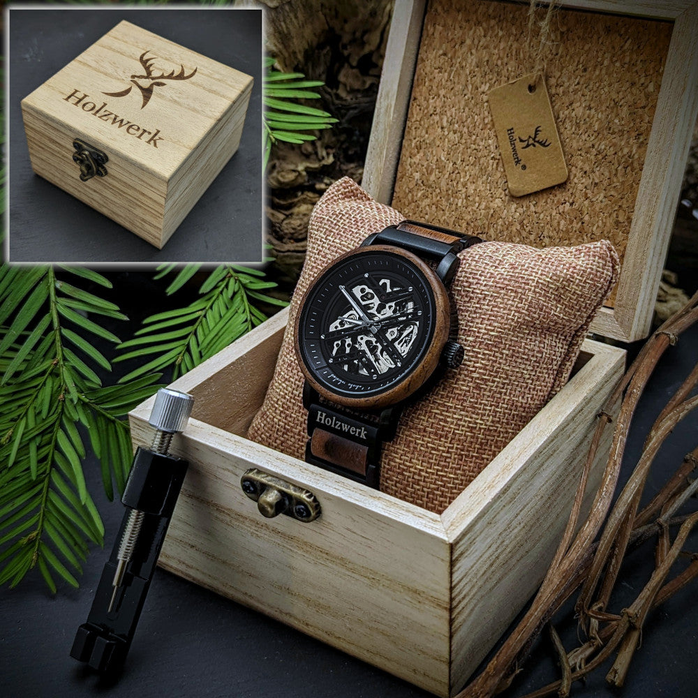Holzwerk CLINGEN Automatik-Uhr – 44 mm Herren-Armbanduhr mit offener Unruhe und Edelstahl-Holz-Gehäuse in Holzwerk Verpackung