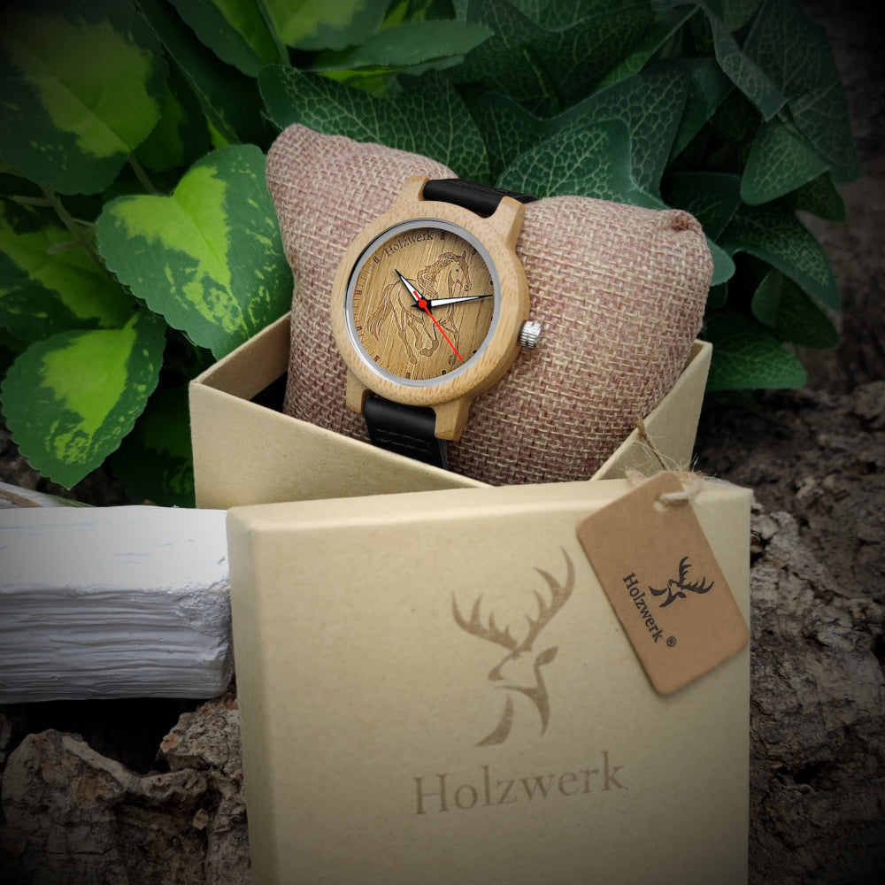 Holzwerk TORI BLACK Damenuhr, Beiges Ziffernblatt mit Pferd-Motiv und schwarzem Lederarmband in Holzwerk Verpackung
