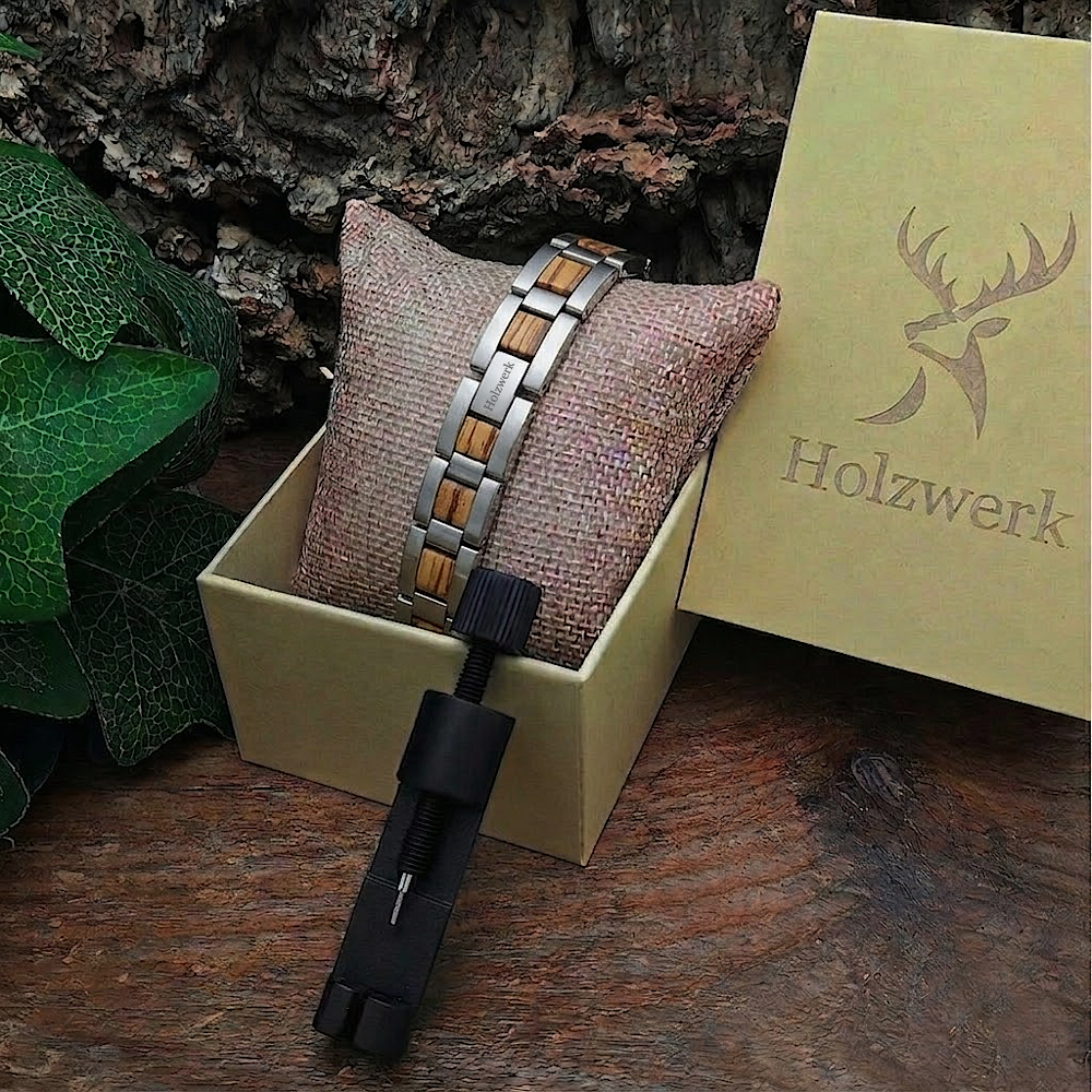 Holzwerk IDASEE Damen und Herren Holz & Edelstahl Armband aus Zebraholz in silber und braun in Holzwerk Uhrenbox