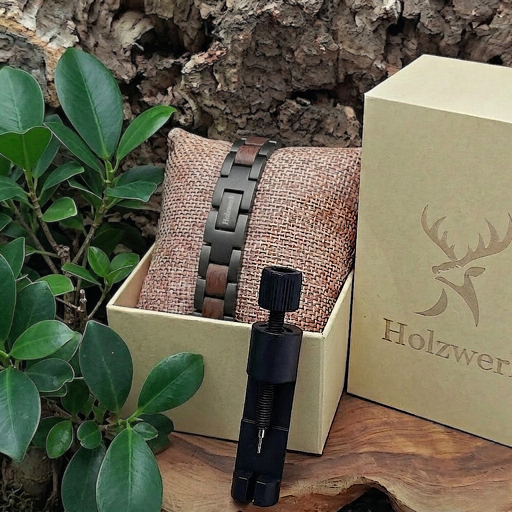 Holzwerk JUESSEE schwarz-braunes Holz Armband aus Walnussholz und Edelstahl in Holzwerk Uhrenbox