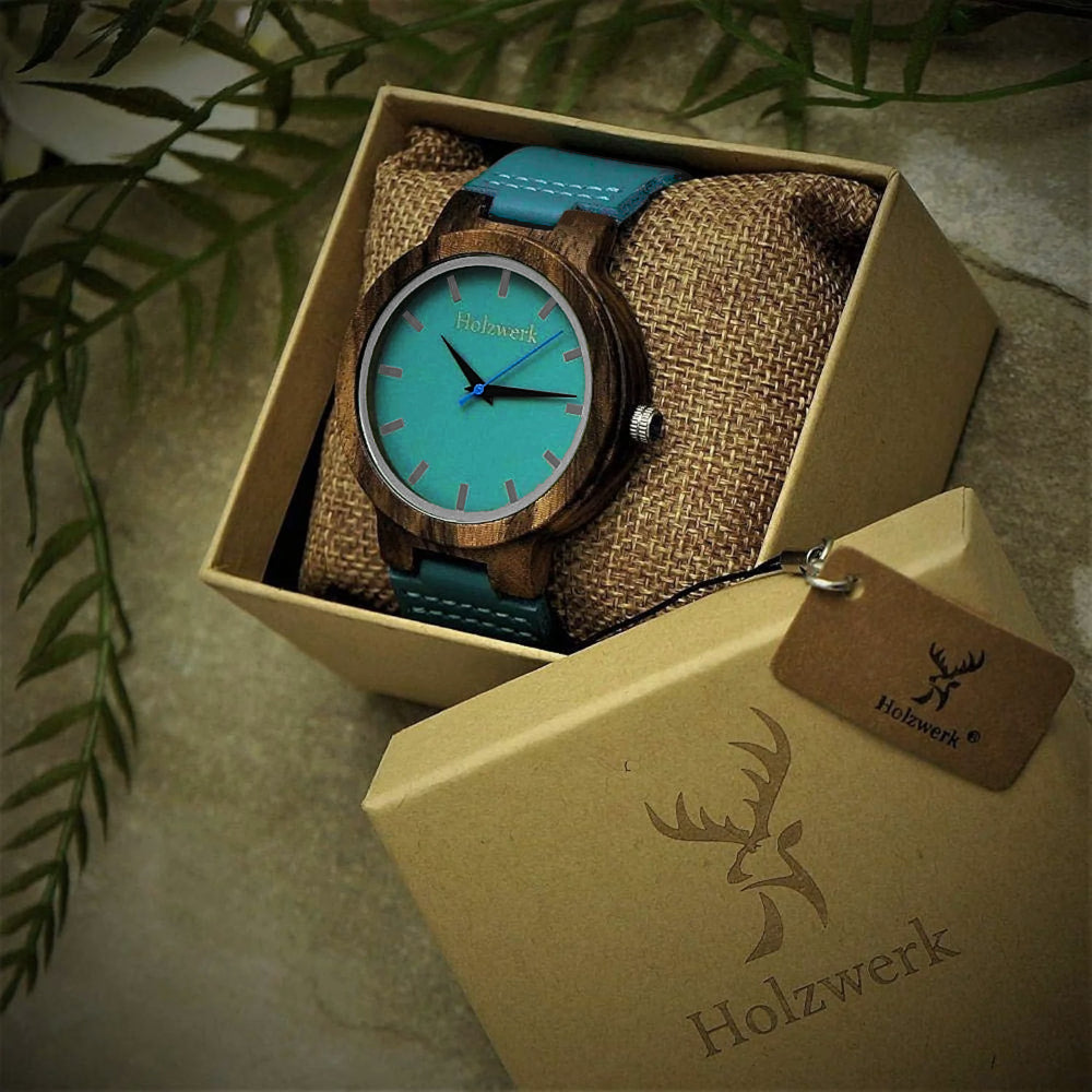 Holzwerk KAHLA Damen Quarzuhr mit braunem Gehäuse, türkisem Ziffernblatt und türkisem Lederarmband in Uhrenbox