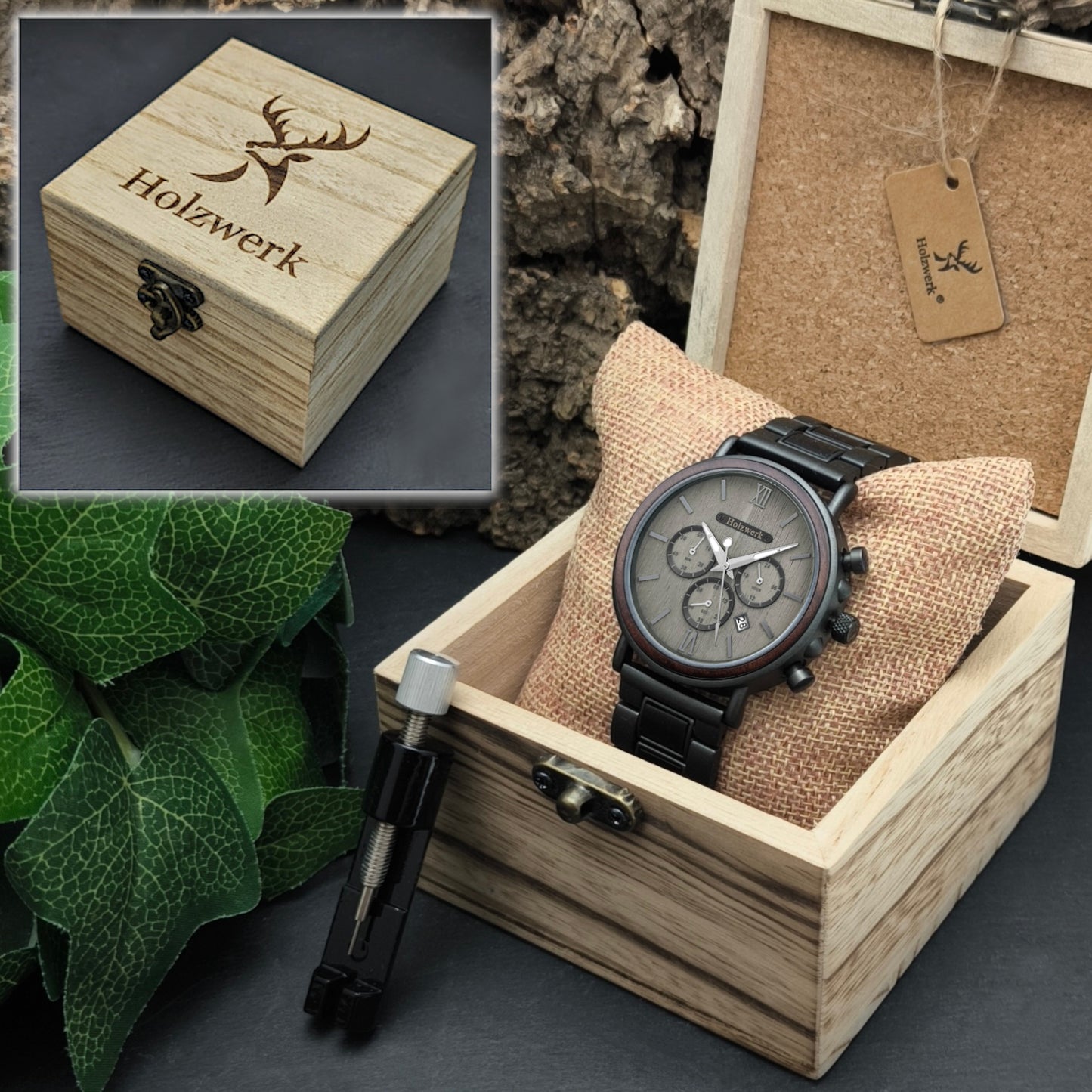 Holzwerk LAHNSTEIN Chronographen-Uhr aus Holz mit drei Chronographen, Datumsanzeige in Holzwerk Originalverpackung