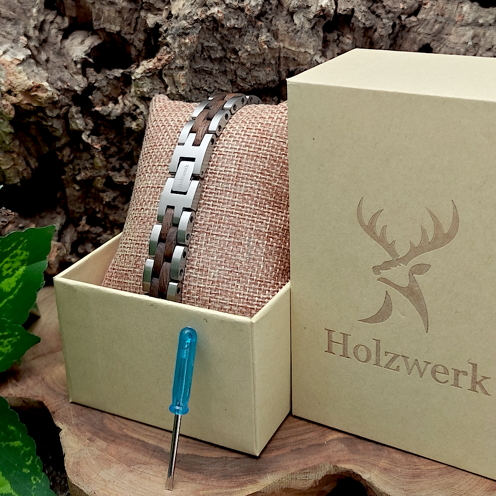 Holzwerk MELLENSEE silber-braunes Holz Armband aus Walnussholz und Edelstahl in Holzwerk Uhrenbox