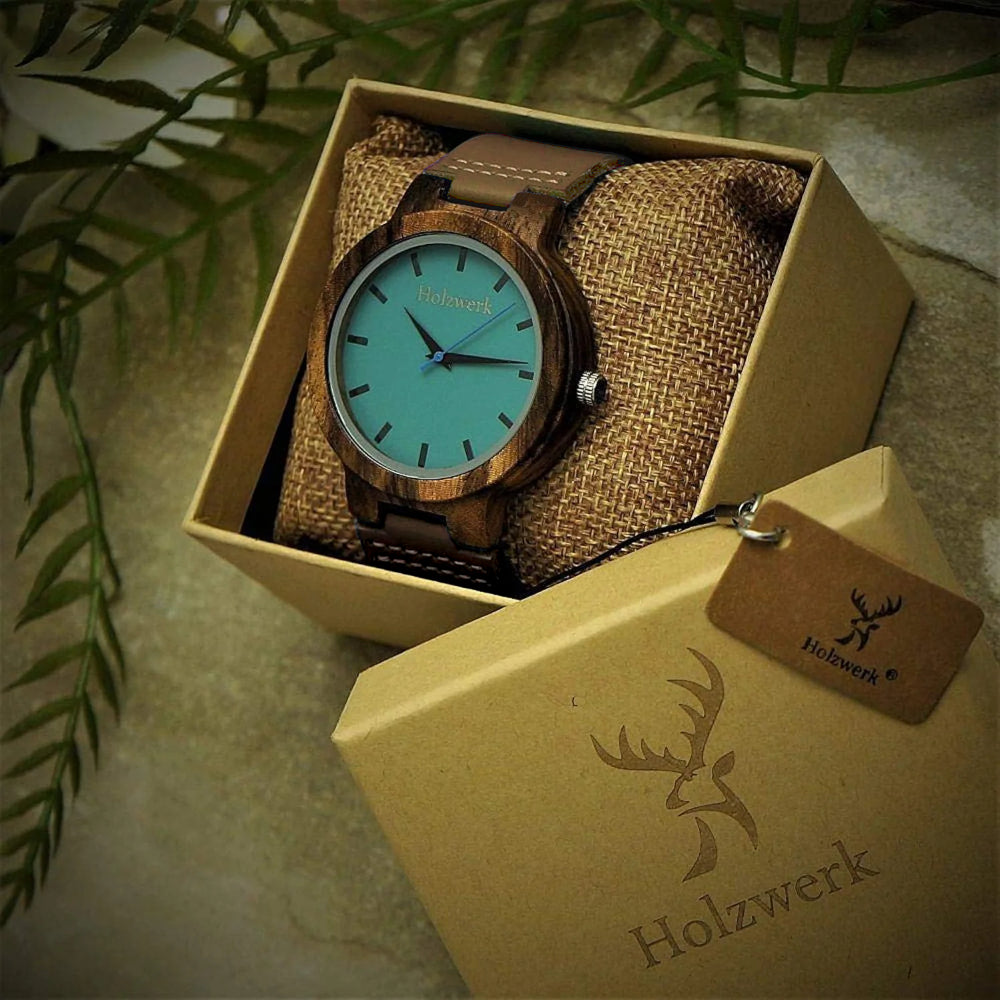 Holzwerk NAILA Damen Quarzuhr mit braunem Gehäuse, blauem Ziffernblatt und braunem Lederarmband, in Holzwerk Uhrenbox