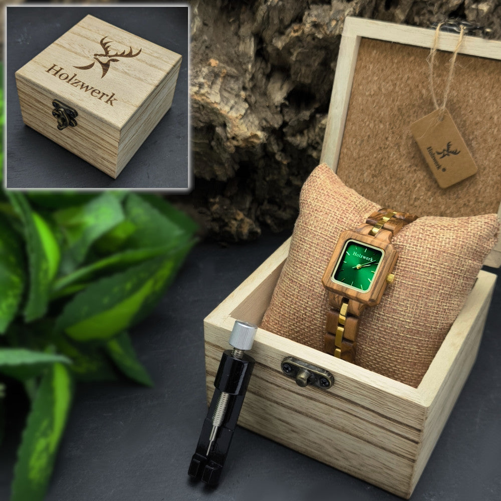 Holzwerk NEUSS Damen Quarz-Armbanduhr aus Holz mit grün-goldenem Zifferblatt und goldenen Ziffern in Holzwerk Verpackung