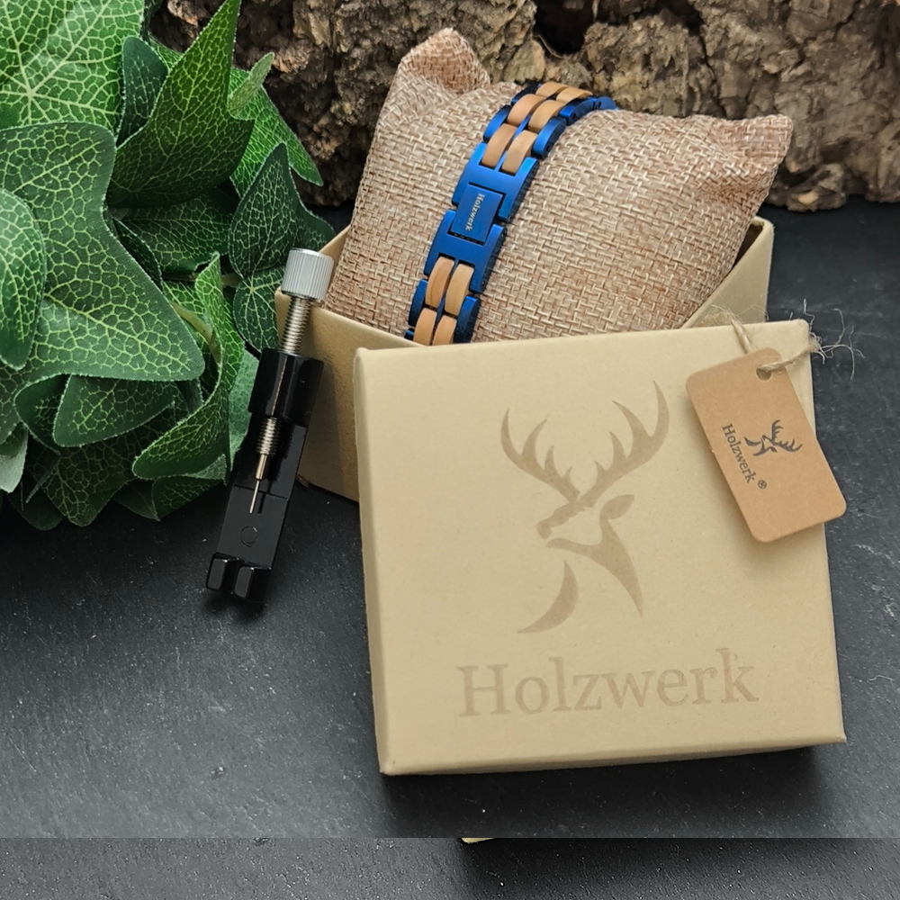 Holzwerk OBERSEE blau-beige Holz Armband aus Olivenholz und Edelstahl in Holzwerk Box, Geschenkverpackung