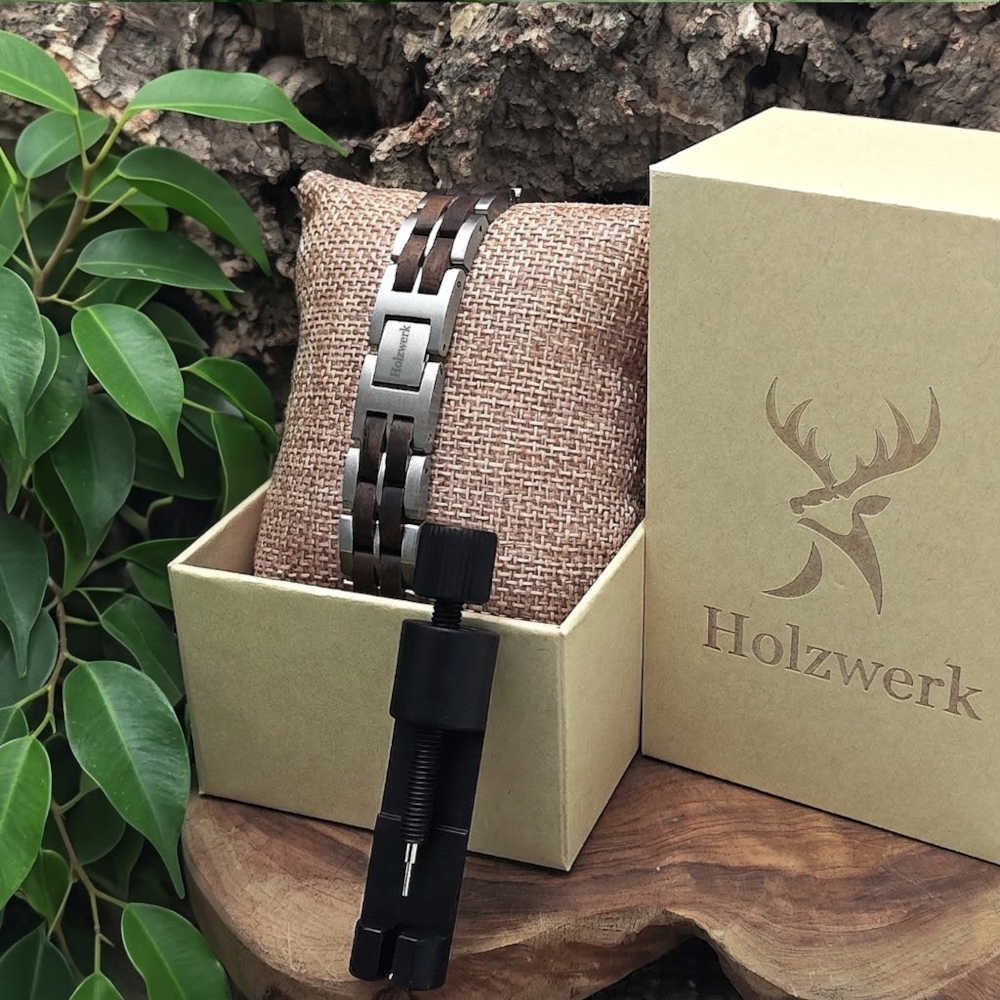 Holzwerk ORTHSEE silber-braunes Holz Armband aus Walnussholz und Edelstahl mit Gliederkonstruktion in Holzwerk Uhrenbox