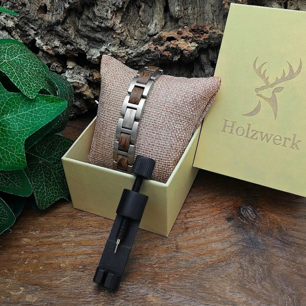 Holzwerk SILBERSEE silber-braunes Holz Armband aus Zebraholz und Edelstahl mit Gliederkonstruktion in Holzwerk Uhrenbox