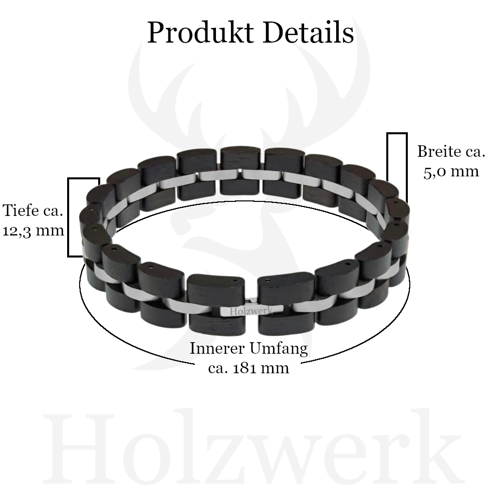 Holzwerk STEINSEE braun-silbernes Holz Armband aus Ebenholz und Edelstahl mit Gliederkonstruktion mit Maßen