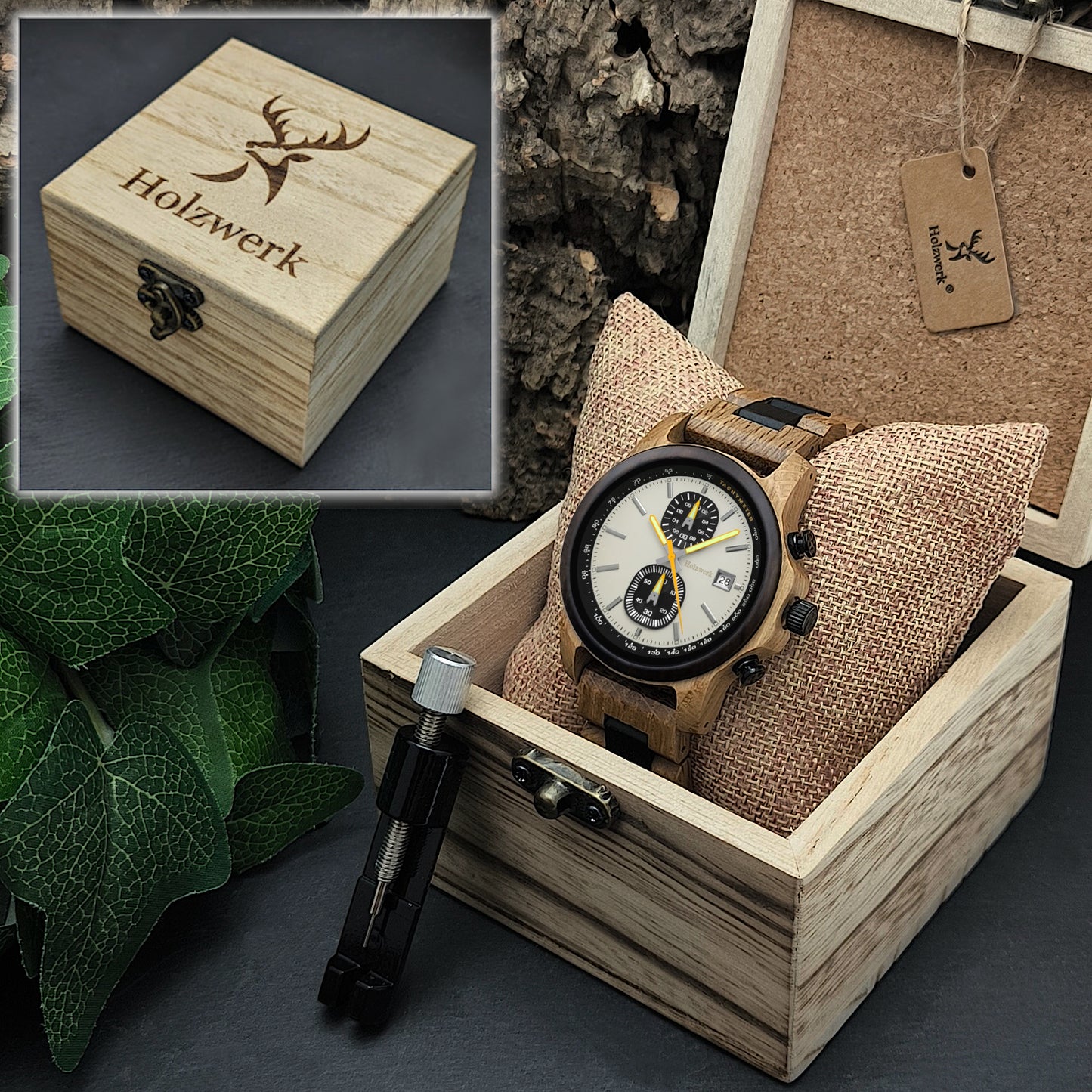 Holzwerk SUDERBURG Chronographen-Uhr aus Holz mit zwei Chronographen und Datum in Holzwerk Uhrenbox