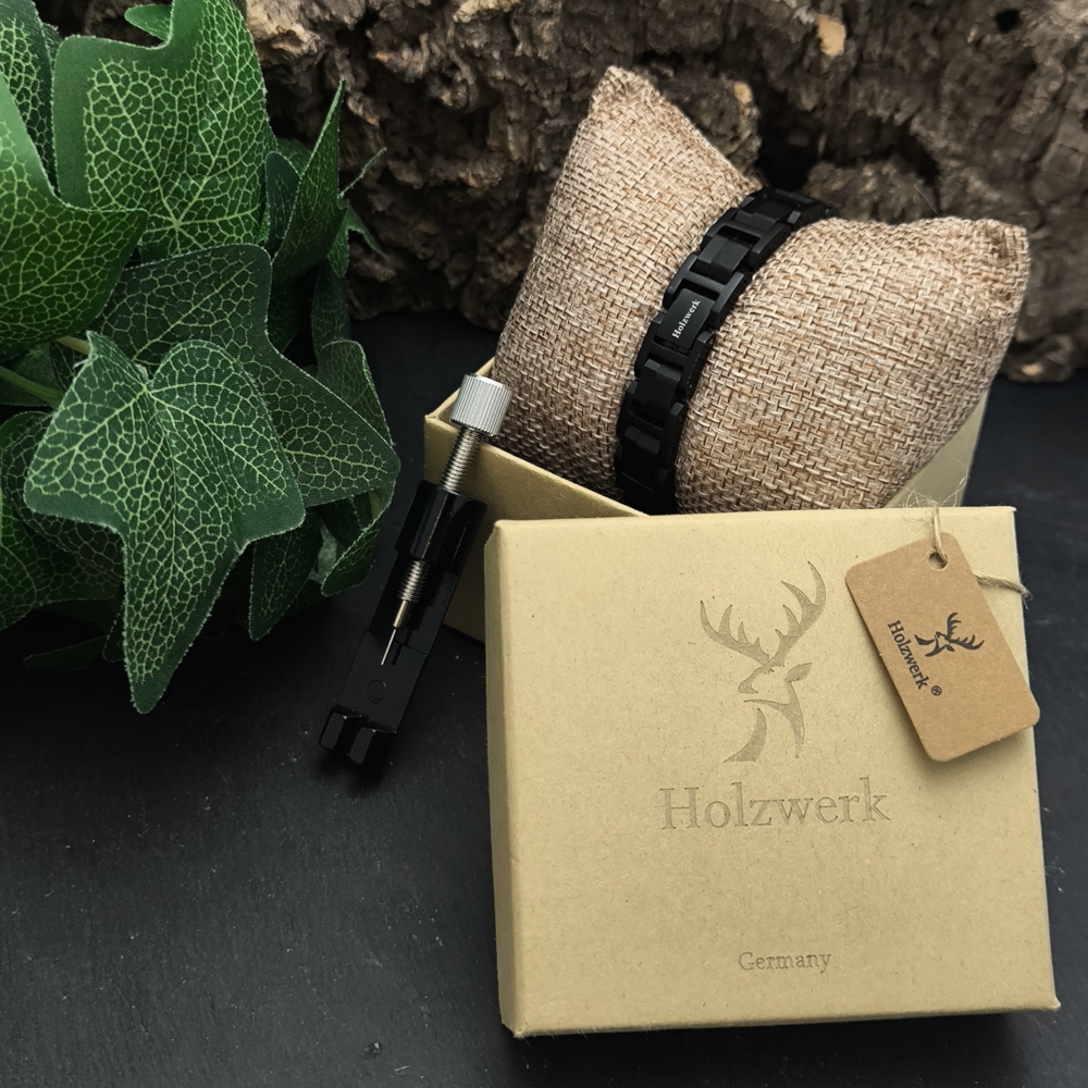 Holzwerk Tiefsee Armband aus Ebonyholz und Edelstahl in Schwarz und Dunkelbraun, geliefert in Holzwerk Box