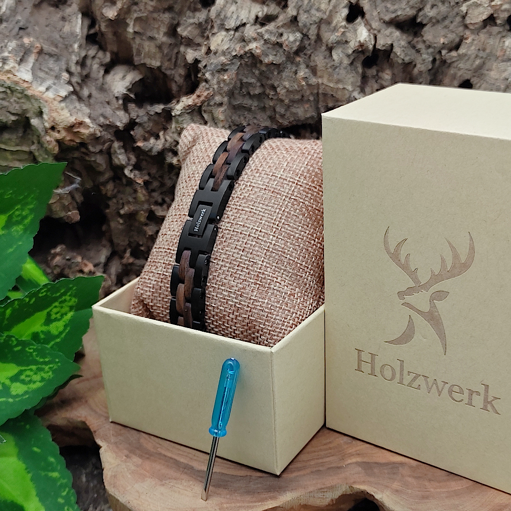 Holzwerk TREIBSEE schwarz-braunes Holz Armband aus Walnussholz und Edelstahl in Holzwerk Uhrenbox mit Armbandkürzer