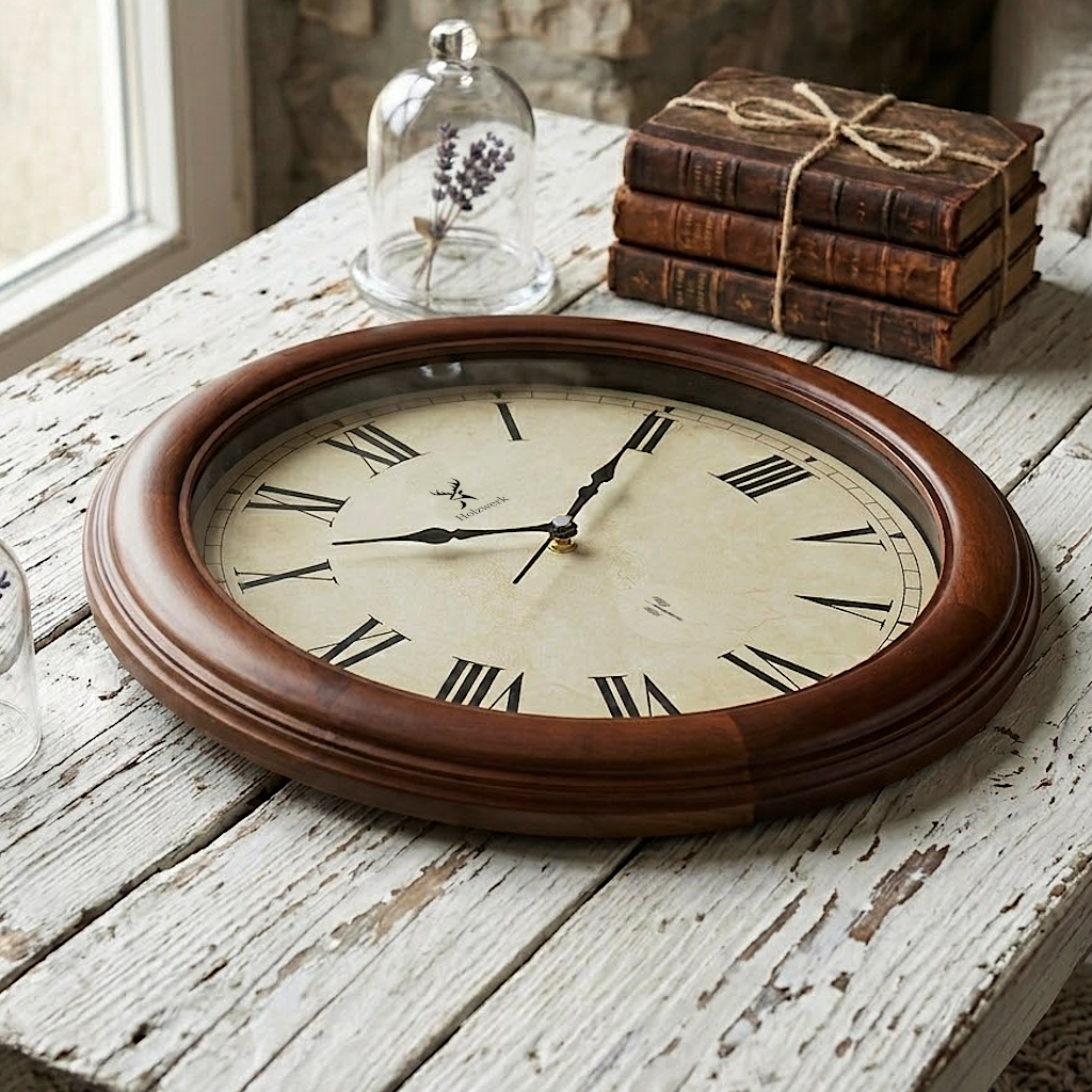 Holzwerk VELBURG (FUNK) 35 cm robuste Holz-Funk Wanduhr aus Vollholz in beige und braun mit römischen Ziffern, schräge Untersicht von links unten