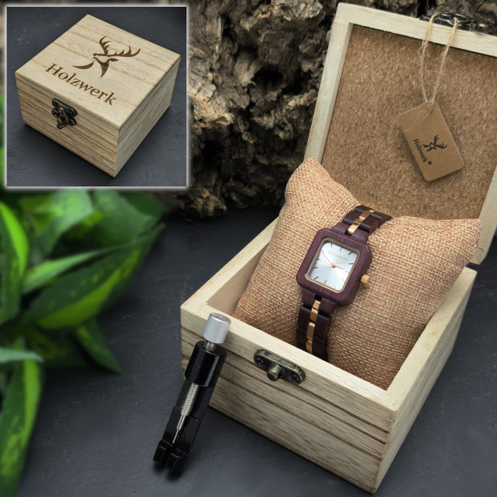 Holzwerk WITTEN Damenuhr mit eckigem Holzgehäuse in Lila und Braun in Holzwerk Verpackung mit Armbandkürzer