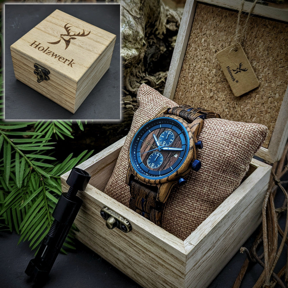 Holzwerk SEELAND Chronographen Uhr mit Datumsanzeige, Holz-Gehäuse und blau-braunem Ziffernblatt in Holzwerk Verpackung