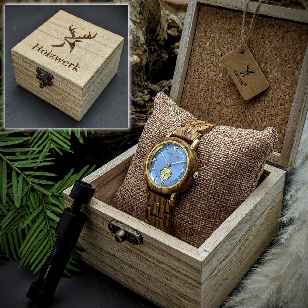 Holzwerk BRANDIS Damen-Armbanduhr mit blau-goldenem Zifferblatt und römischen Ziffern, in Holzwerk Uhrenbox