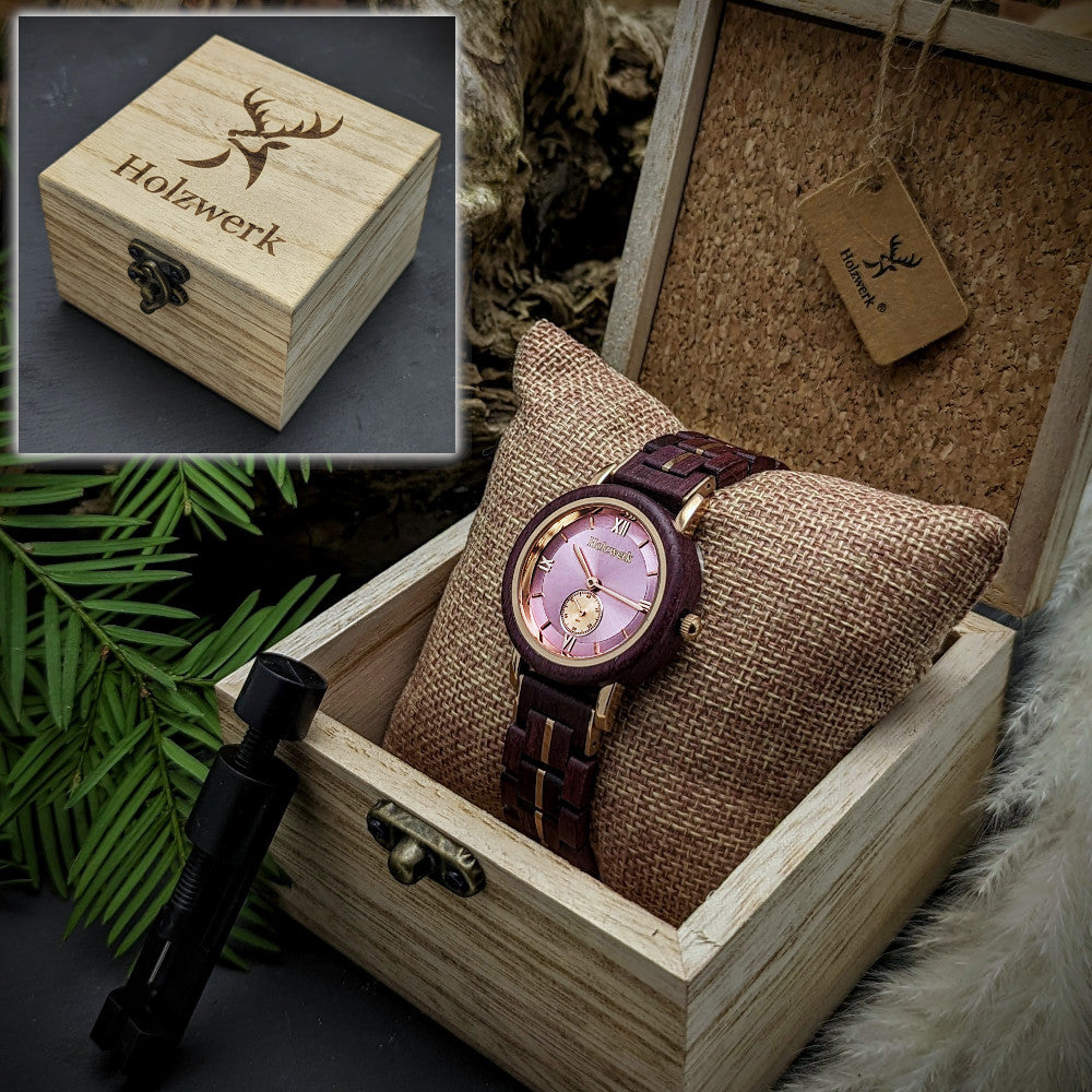 Holzwerk BRILLON Damen Quarz-Armbanduhr aus Holz mit rosegoldenem-Zifferblatt und römischen Ziffern, in Holzwerk Uhrenbox