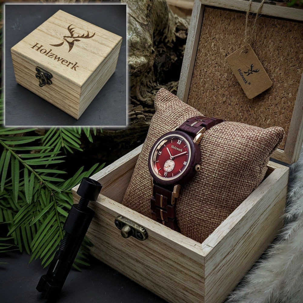 Holzwerk BURSCHEID Damen-Armbanduhr mit rot-roségoldenem Zifferblatt und römischen Ziffern, in Holzwerk Uhrenbox