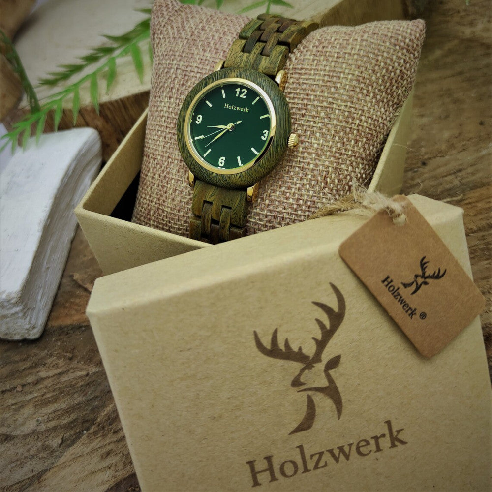 Holzwerk USLAR Damenuhr mit olivgrünem Holzarmband, grün-goldenem Zifferblatt, in Holzwerk Uhrenbox
