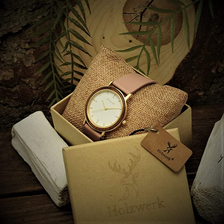 Holzwerk ERLANGEN runde Damenuhr mit gold-braunem Gehäuse, weiß-goldenem Zifferblatt und rosa Lederarmband, in Holzwerk Uhrenbox