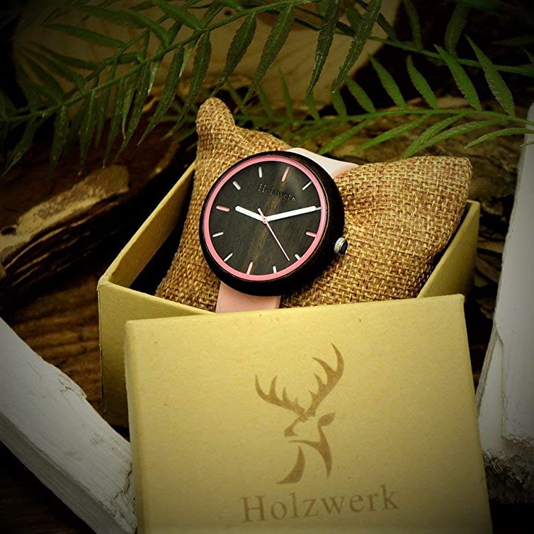 Holzwerk LEIMEN Damenuhr aus Holz mit rosa Silikonarmband und dunkelbraunem Ziffernblatt sowie Dornverschluss in Uhrenbox