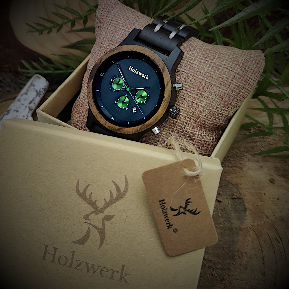 Holzwerk BEESKOW Chronographen Uhr mit Datumsanzeige in Schwarz mit 3 Chronographen in Grün in Holzwerk Uhrenbox