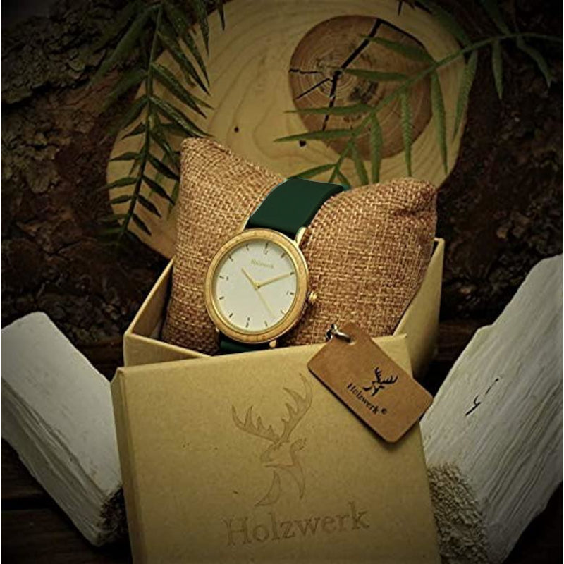 Holzwerk JENA Damenuhr in Gold und Braun sowie weiß-goldenem Ziffernblatt und grünem Lederarmband in Holzwerk Verpackung