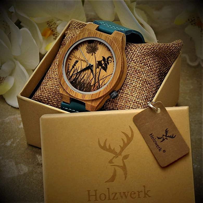 Holzwerk FLORISTiC Damen und Herren Holz Uhr mit Leder Armband in türkis blau und Ziffernblatt mit Blumenmuster in Holzwerk Verpackung