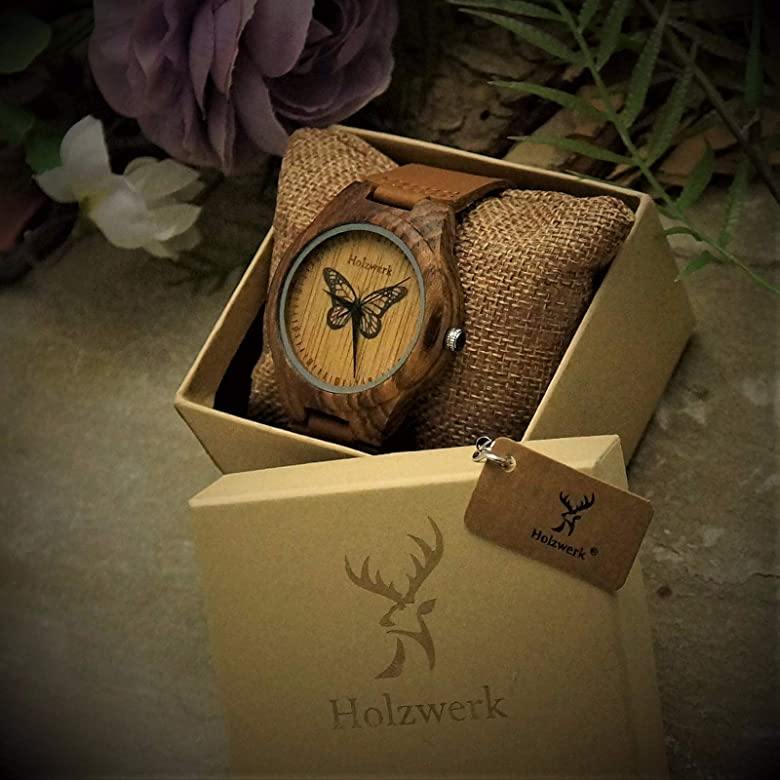 Holzwerk MONARCH Uhr mit großem Holzgehäuse in braun und beigem Zifferblatt mit Schmetterlingsmotiv, in Holzwerk Uhrenbox