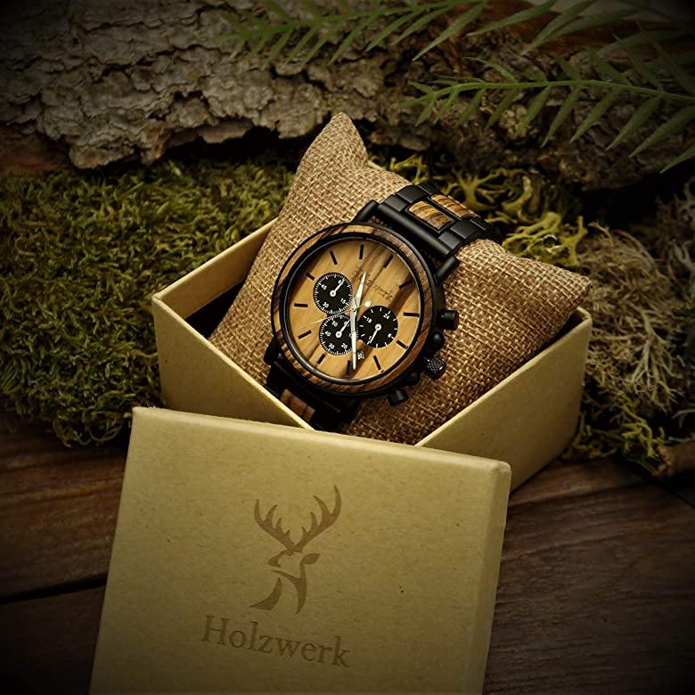 Holzwerk BEELITZ Armbanduhr mit beige-schwarzem Zifferblatt und 3 Chronographen mit Datum, in Holzwerk Uhrenbox