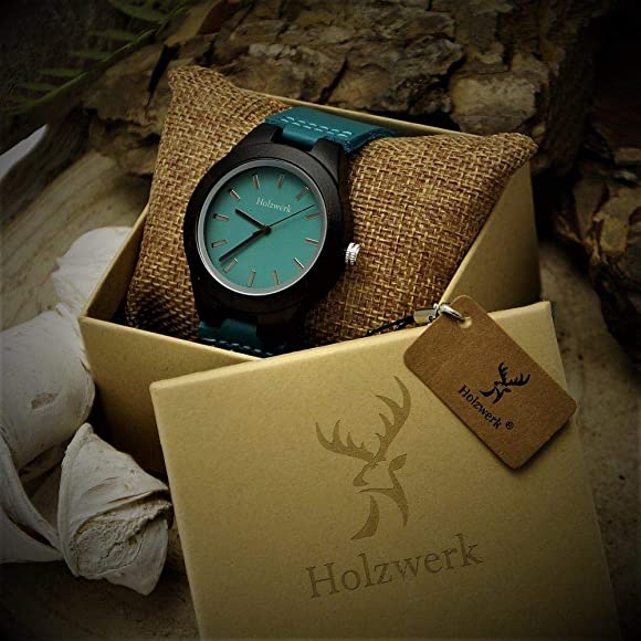 Holzwerk FALKENSEE Damenuhr mit türkisblauem Zifferblatt und türkisblauem Lederarmband, in Holzwerk Uhrenbox