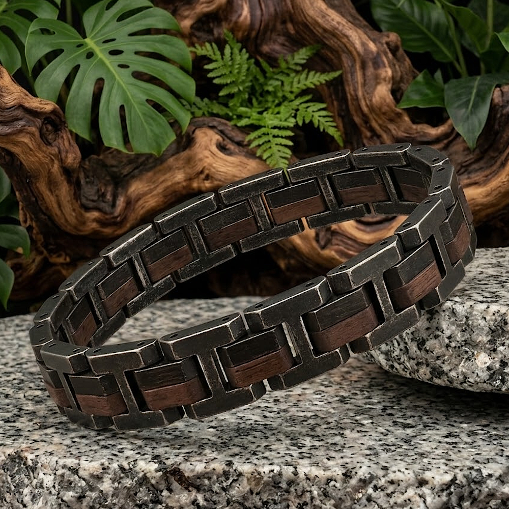Holzwerk ALLERSEE anthrazit-braunes  Holz Armband aus Walnussholz und Edelstahl, Ansicht der Rückseite
